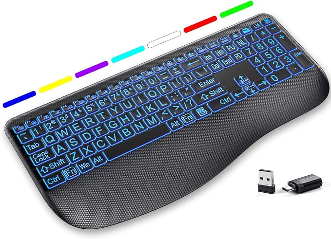 Hamile Large Print Wireless Backlit Keyboard for Windows, Black | Rechargeable keyboard with quiet low-profile keys, 7-color backlight memory, full-size layout, and extra-large wrist rest by Hamile