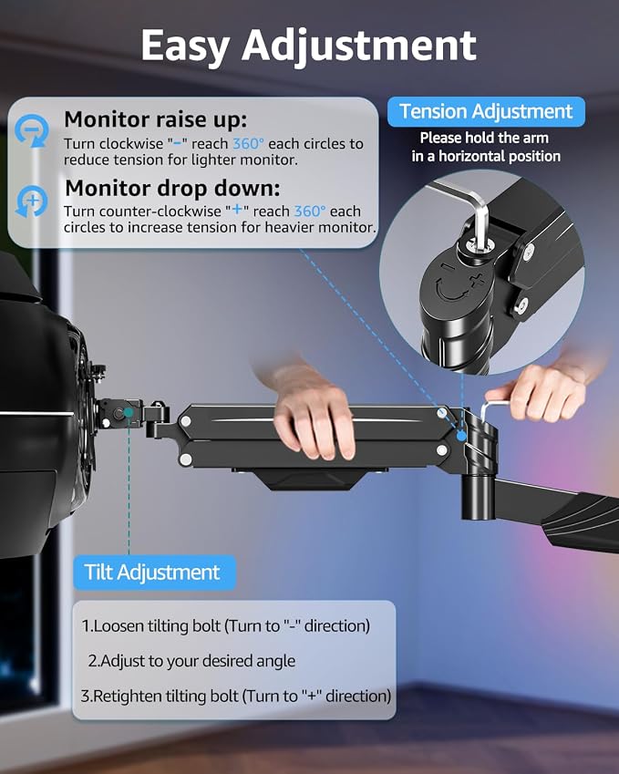 MOUNTUP Monitor Wall Mount for 22-43 Inch Curved Screens, Holds 2.2 to 33.1 lbs, Ultrawide Computer Monitor Wall Mount, Heavy Duty Wall Monitors Arm, 75x75 mm to 200x200 mm Vesa Mounts - Image 9