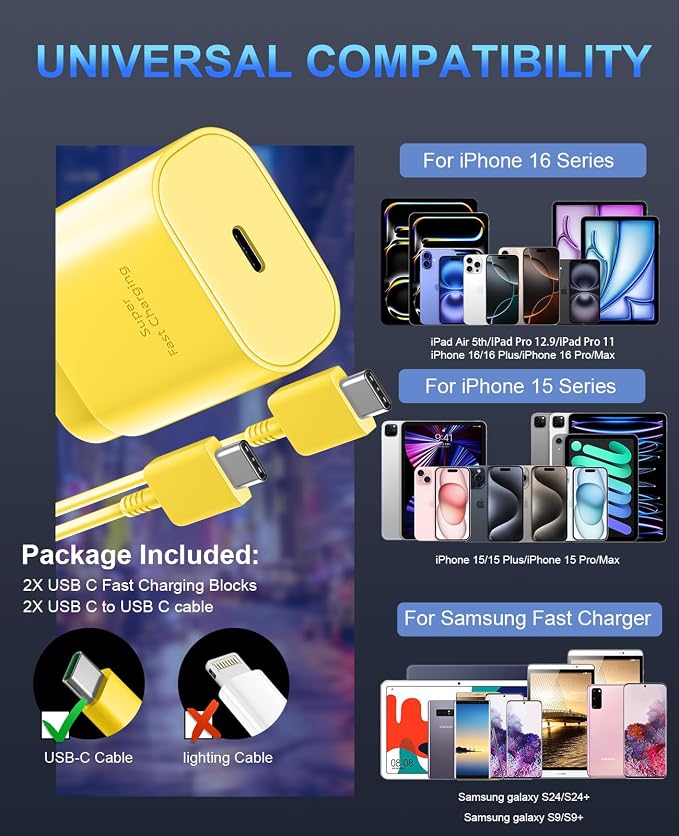 Phone 17 16 15 Charger Fast Charging,30W USB C Phone 17 16 15 Pro Max Charger Block &10FT Long Type C Cable Cord for i.Phone 17/Air/17 Pro/17 Pro Max/16/16 Plus/16 Pro/16 Pro Max/15/15 Pro Max,Yellow - Image 5