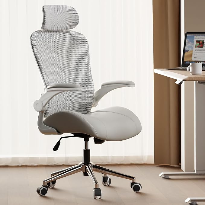 Grey Ergonomic Home Office Desk Chair, Premium Thickened Leather Curved seat with Breathable mesh Back, 3D headrest and Adjustable Lumbar Support, Ideal Chair for Office or Gaming, Gray by VOTRENIX