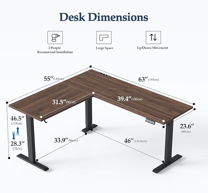 Klicelor L Shaped Standing Desk 63 x 55 Inch, Electric Height Adjustable Corner Desk for Home Office Workstation, Ergonomic Sit Stand Computer Table with Memory Controller, Dark Walnut - Image 3
