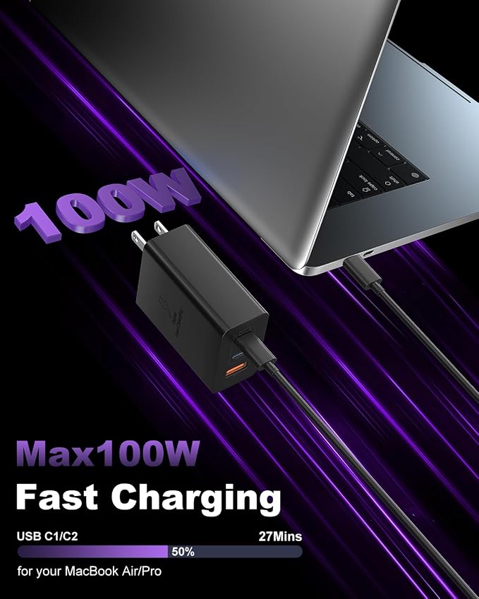 USB C Charger Block 100W, 3-Port GaN Super Fast Phone Charger, Type C 65W Laptop Chargers with 10ft USB C Charging Cable for MacBook Pro/Air,iPad Pro, iPhone 17/16/15Pro, S26 Ultra/S25/S24-Black - Image 7