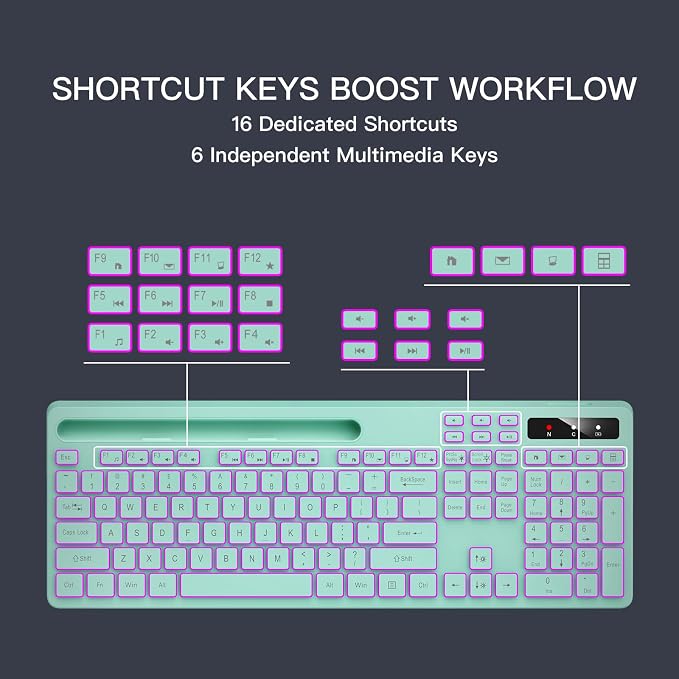 Wireless Keyboard with 7-Color RGB Backlit, Soueto Full-Size Computer Keyboard with Phone Tablet Holder, 2.4G Rechargeable Gaming Keyboard with Light Up Keys, Compatible with Mac, Windows (Mint Green) - Image 5