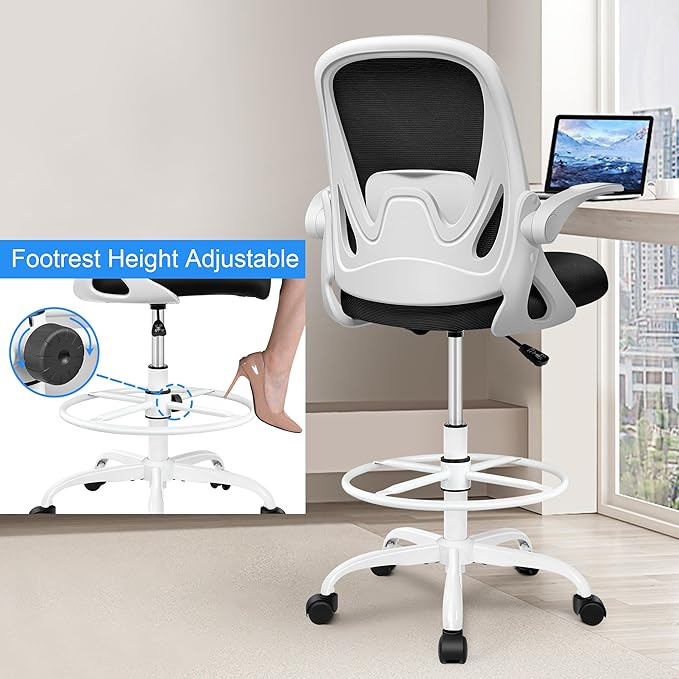 Drafting Chair Tall Office Chair with Flip-up Armrests, Adjustable Height, and Enhanced Lumbar Support - Ergonomic Rolling Stool, Back Support, and Adjustable Foot Rest Ring for Standing Desk White - Image 4