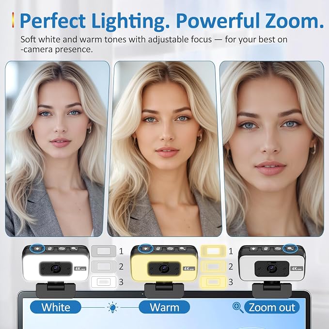 4K Webcam for PC, AutoFocus Webcam with Light for Desktop Computer | Web Camera with Microphone, FOV 80°, USB Plug and Play, Laptop Web Cam for Live Streaming, Online Teaching, Meetings - Image 7