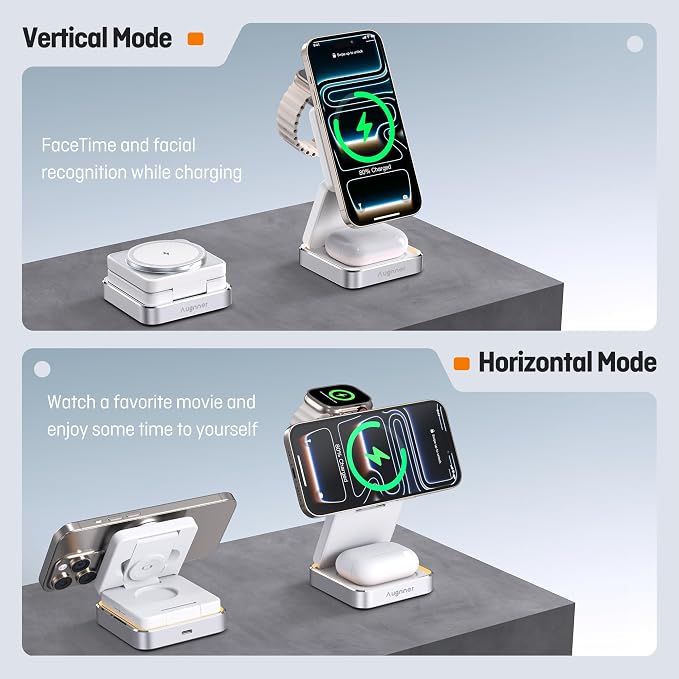 Augnner 25W 3-in-1 Charging Station for Apple Device, White Foldable Magnetic Wireless Charger, Fast Travel Charging Stand for iPhone17/16/15/14/13/12 Series, Apple Watch/AirPods - Image 6