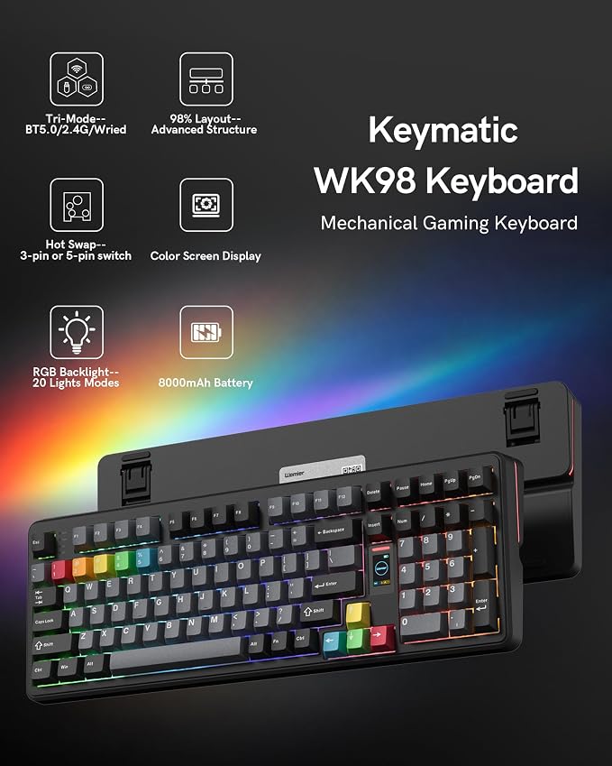 Keymatic Mechanical Keyboard Wireless,98% Pink Creamy Keyboard Gaming Keyboard,3 Mode with Multimedia Screen,RGB Backlit,Black - Image 2