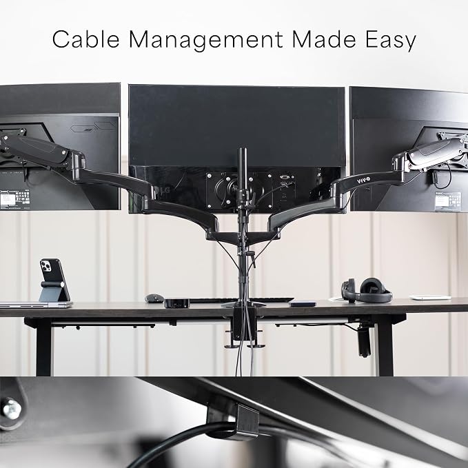 VIVO Triple Pneumatic Monitor Mount for 3 Screens up to 32 inches, Fully Adjustable, Heavy Duty Desk Stand with C-Clamp Grommet, Black, STAND-V300G - Image 9