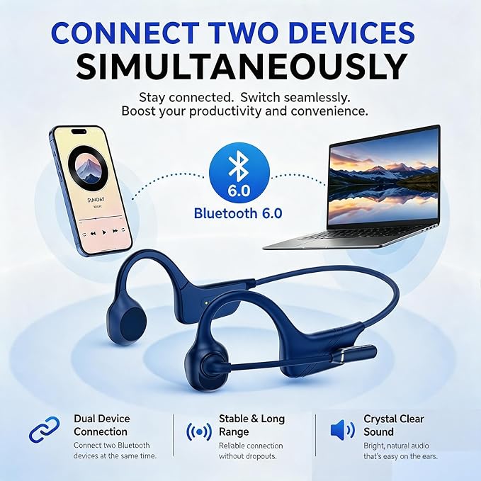 Open-Ear Headphones with Noise-Canceling Mic, Bone Conduction Headphones | AI ENC Noise Cancellation, One-Click Mute, Magnetic Charging, Bluetooth 6.0, Dual Device Connection, for Drivers Learners - Image 8