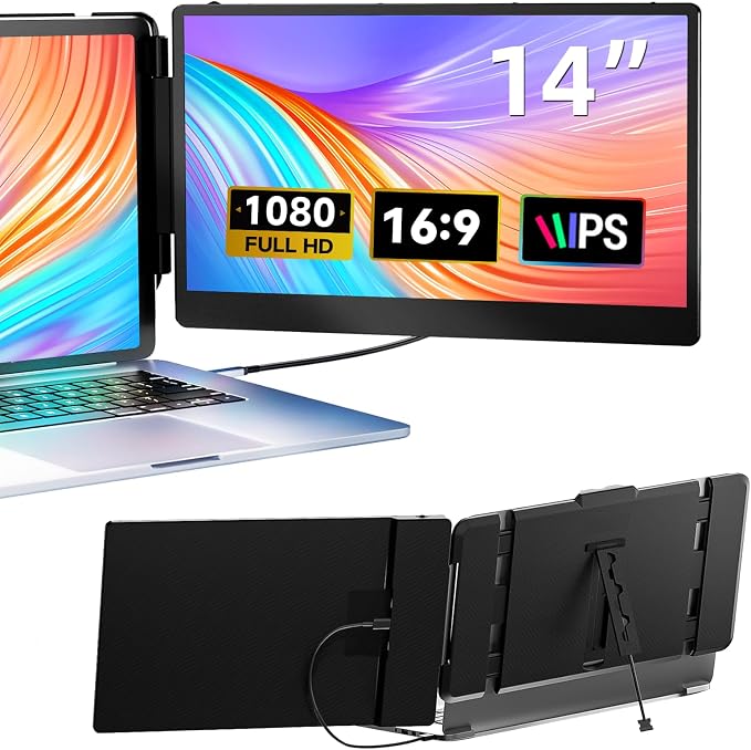 Laptop Screen Extender, 14" FHD 1080P IPS Dual Laptop Monitor Extender, Plug n Play Portable Travel Monitor for Laptops 13.3"-17" with HDMI/USB-A/Type-C, Compatible with Windows Mac Chrome Android by DZVW