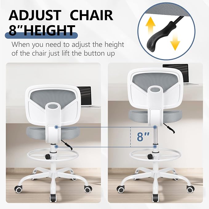 Armless Tall Desk Chair, Adjustable Height and Footring, Mid-Back Ergonomic Standing Desk Chair Mesh Rolling Tall Chair for Art Room, Office or Home (Gray) - Image 6