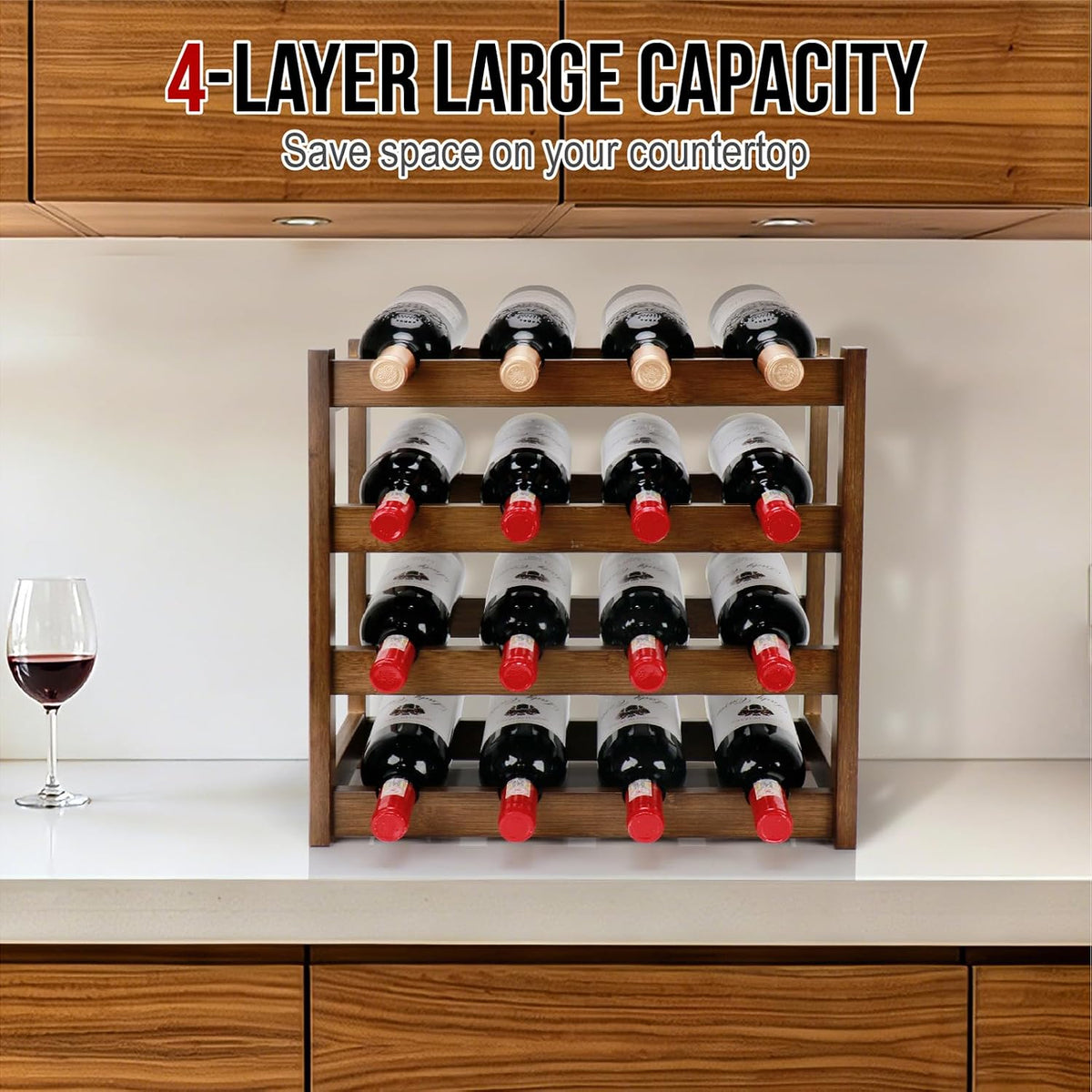 Bamboo Wine Rack, 4-Tier 16 Bottles Wine Storage Cabinet Shelf - Image 5