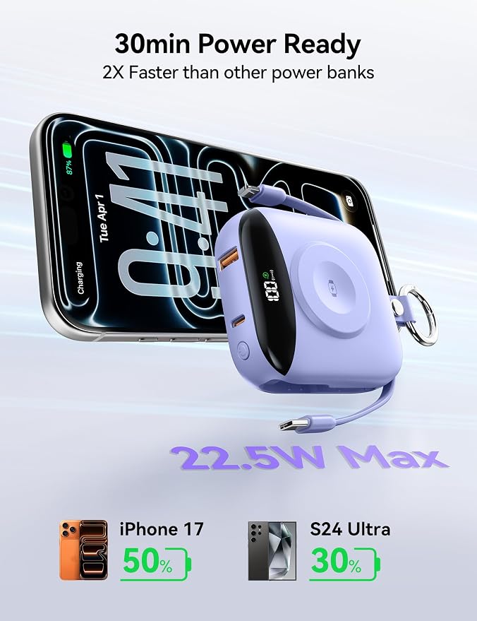 Portable Charger 10000mAh 22.5W Power Bank Built-in 2 Cables Keychain | Charge 5 Devices, TSA approved, Travel Fast Charging Battery Pack for iPhone Samsung Google Android & iWatch Charger, Purple - Image 6