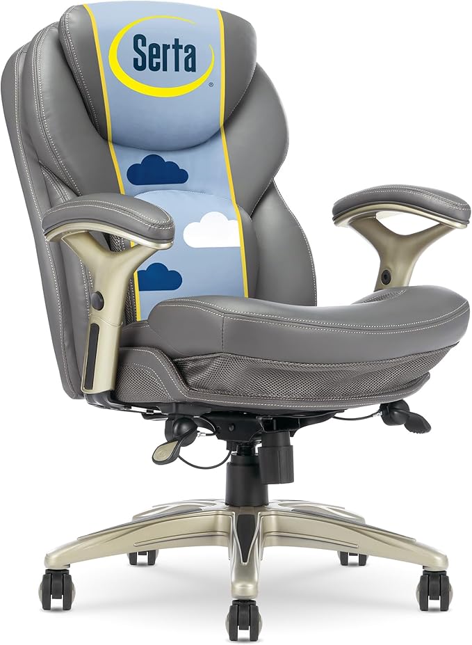 Serta Ergonomic Home Office Chair Pivot Lumbar Support, Leather Desk Chair | Claremont, Adjustable Arms, Height & Tilt, Foam Seat & Headrest Cushion, Work From Home Gaming Chair lower Back Pain, Gray by Serta