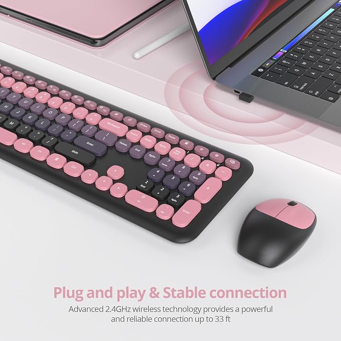 Surmen Black Pink Keyboard and Mouse Wireless Quiet, Full-Size Girly Slient Keyboard Retro Typewriter Low-Noise 2.4GHz for Computer, Desktop, Laptop (110-Heimei Pink) - Image 2