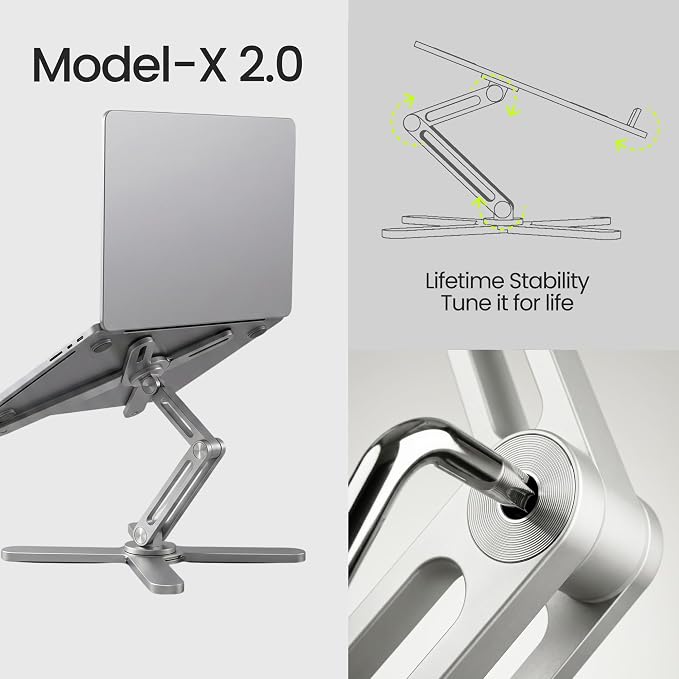 Model-X 2.0 Laptop Stand, Laptop Stand for Desk Adjustable Height | 360 Rotating Laptop Riser Aluminum Portable Foldable Computer Stand for MacBook Pro Air 10–17 in (Polar White) - Image 4