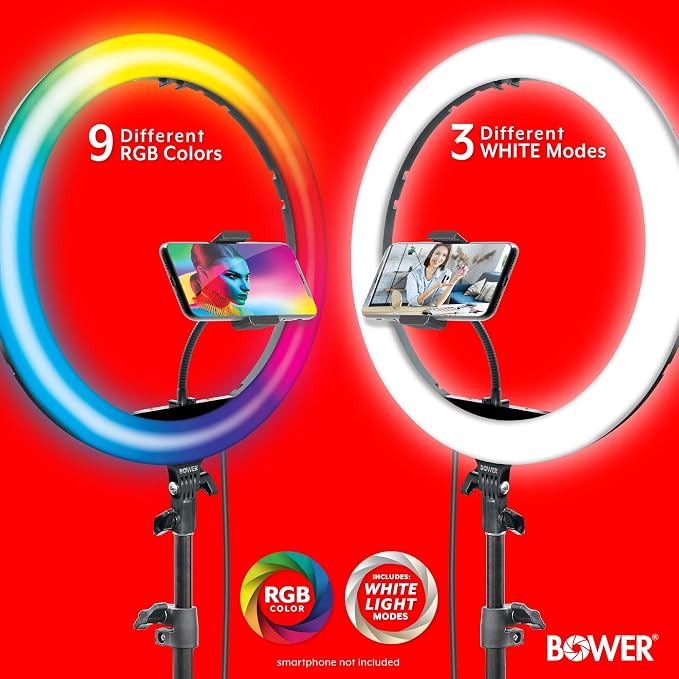 Bower Ring Light with Stand. 16 inch RGB LED Light, 62" Tripod Phone Holder, Wireless Remote, 16 Special Effects/9 Colors/3 White Lights for Selfie, Live Stream, Makeup, YouTube, TikTok, Videos - Image 2