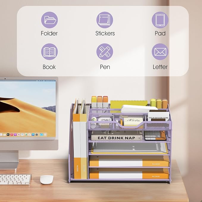 5 Tier Paper Letter Tray Desk Organizer with Pen Holders - Purple | Features 3 pen holders and 4 removable dividers.Versatile mesh desktop storage for mail, document,office supplie - Image 7