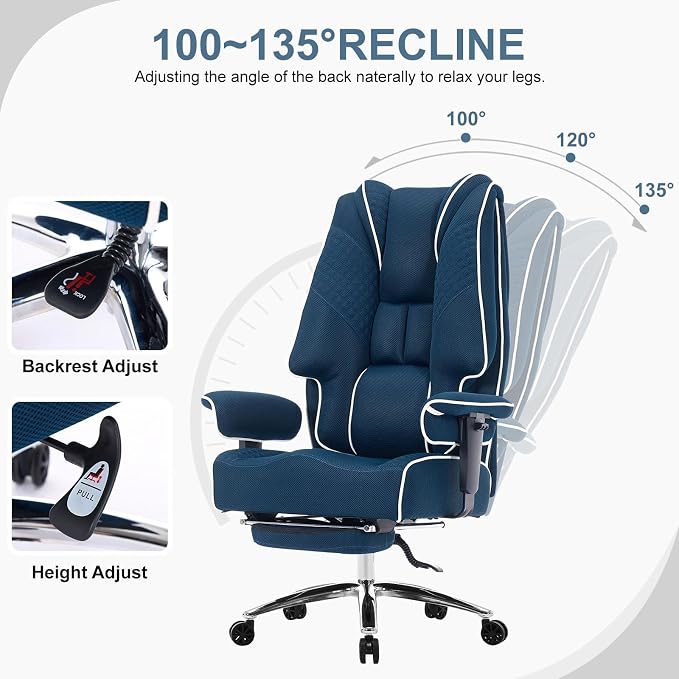 EXCEBET Big and Tall Executive Office Chair 400lbs Wide Seat, Mesh Grey | Retractable footrest, 135° recline, Lumbar support, Ergonomic high back, Breathable mesh, Thick cushion, Padded armrests - Image 4