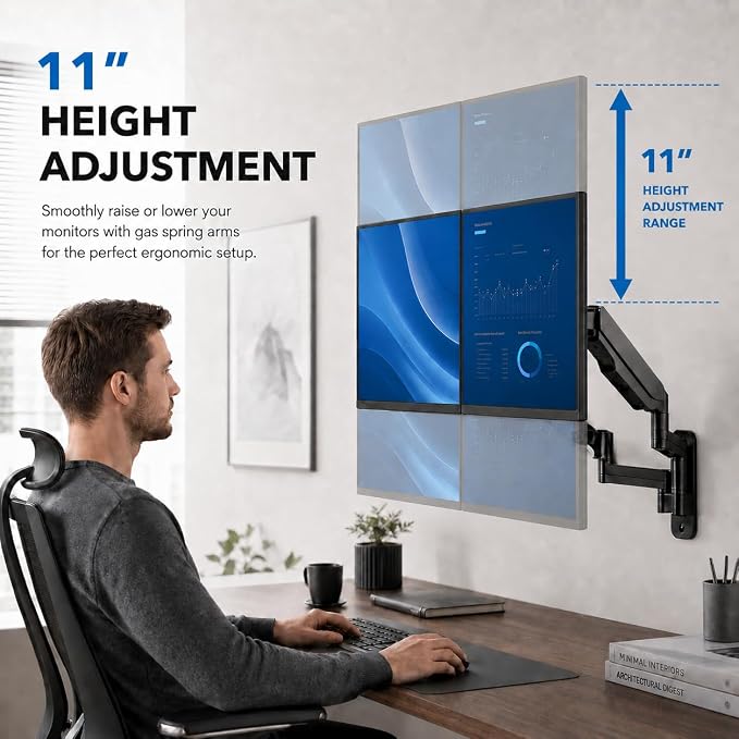 Mount-It! Dual Monitor Wall Mount Bracket - Double Computer Monitor Wall Mount With Two Height Adjustable Full Motion Arms Tilt up to 17" - 32" Inch Screens with 75, 100 VESA Patterns, 19.8 Lb Per Arm - Image 4