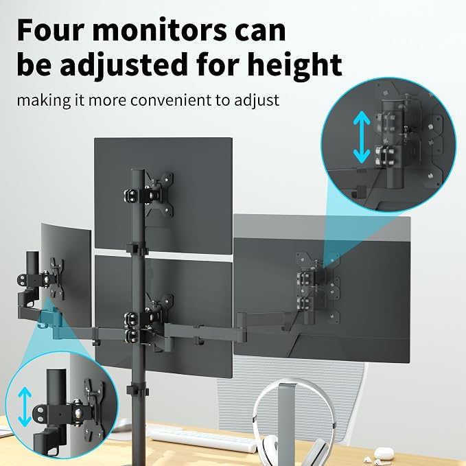 Pholiten Quad Monitor Mount for 13-32 Inch Screens | Fully Adjustable 4 Monitor Stand, Swivel, Tilt, Rotation, Clamp & Grommet Base Kit, 75*75/100*100MM Vesa Stand - Image 6