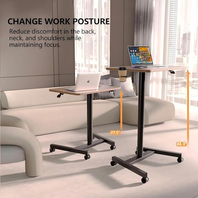 28-Inch Mobile Standing Desk, Computer Workstations with Cup Holder, Portable Standing Desk with Lockable Wheels, Rolling Table for Home Office Classroom Hospital (Walnut) - Image 5