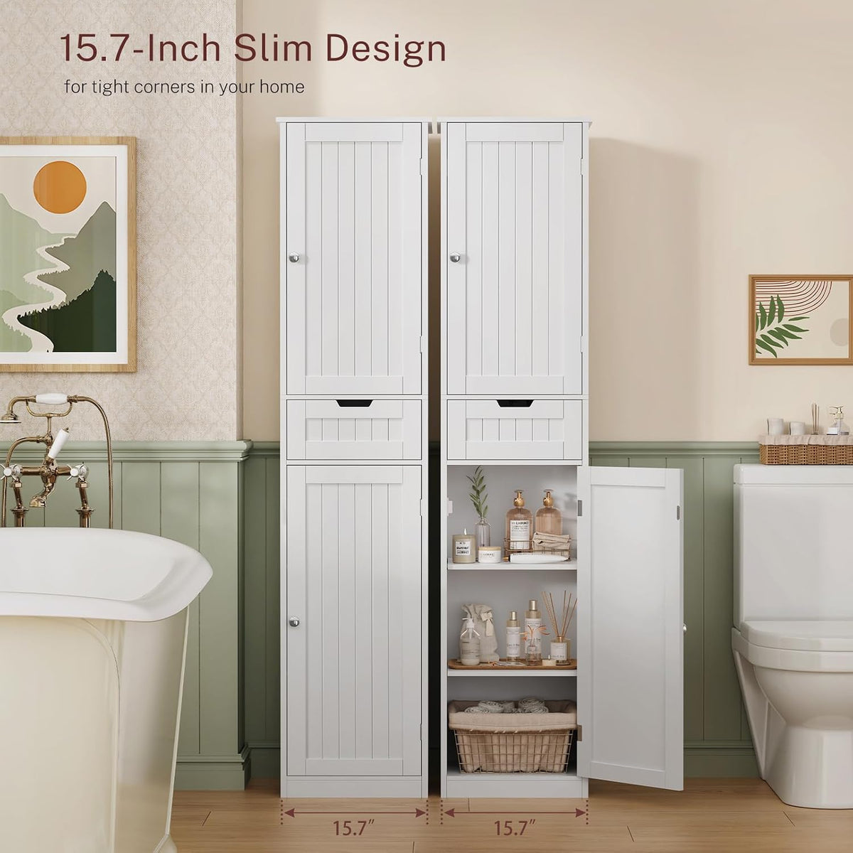 66.9" H Tall Bathroom Cabinet with 2 Doors & 1 Drawer, Narrow Bathroom Storage Cabinet with Adjustable Shelves, for Living Room, Entryway, Kitchen, White - Image 4