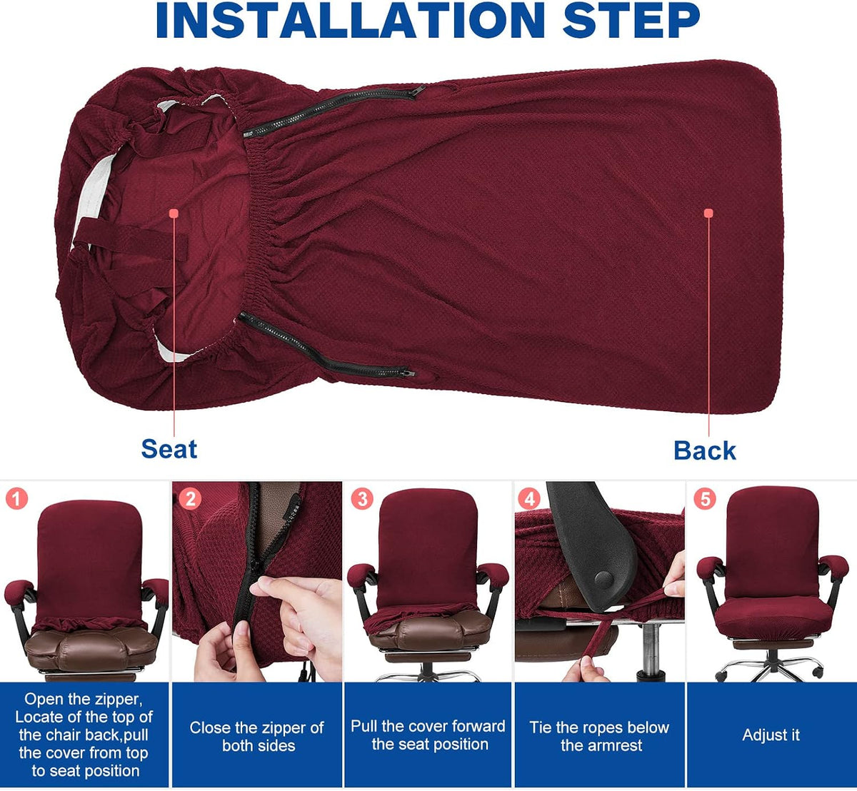 NeColorLife Office Chair Cover with Armrest Covers,Large,Wine Red - Image 6