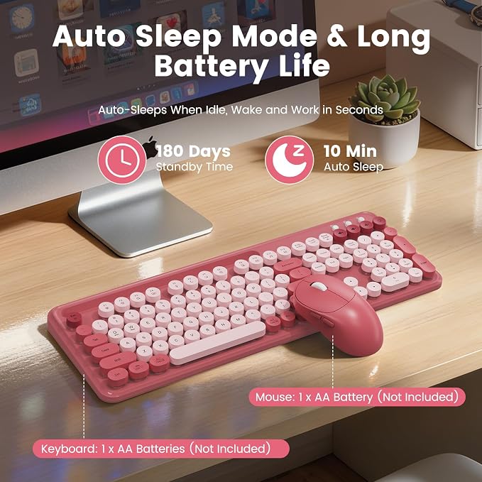 Wireless Keyboard and Mouse Combo, Retro Round Keycaps, Full-Size Stylish Typewriter Keyboard with Large Phone/Tablet Holder, 3-Level DPI Ergonomic Mouse, 2.4GHz Cordless for Windows PC, Rose Pink | Full-Size Retro Typewriter-Style Keyboard, Tilt Legs,... - Image 4