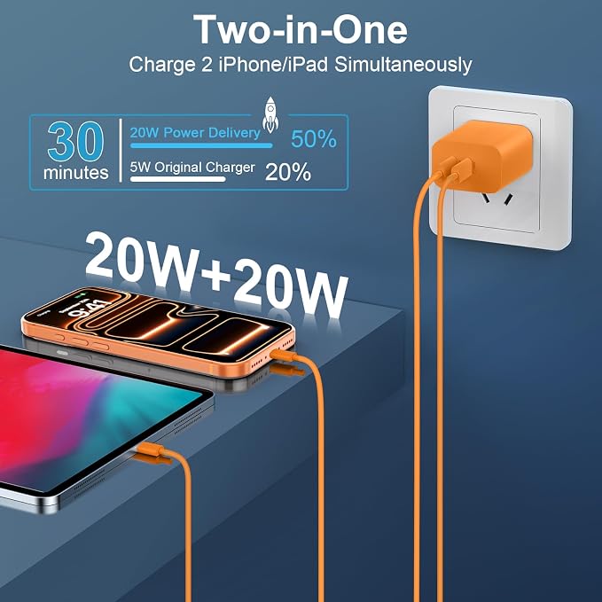20W Dual Port USB C Charger Block for iPhone 17 16 15 Pro Max Charger Fast Charging with 10FT Long USB C to C Charging Cable Cord for iPhone 17 16 15 Pro Max/17 16 15Pro/15, Android Phone-Orange - Image 3