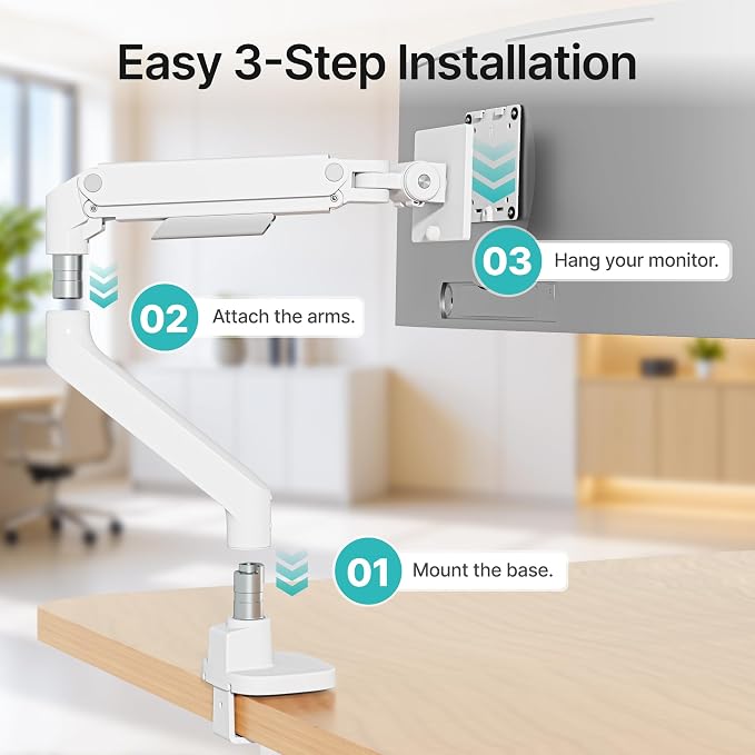 Heavy Duty Single Monitor Arm for 17-49 Inch,Holds 44 lbs, White | Ultrawide Monitor Mount, Adjustable Gaming Desk Mount for 75/100 Vesa Mount - Image 7