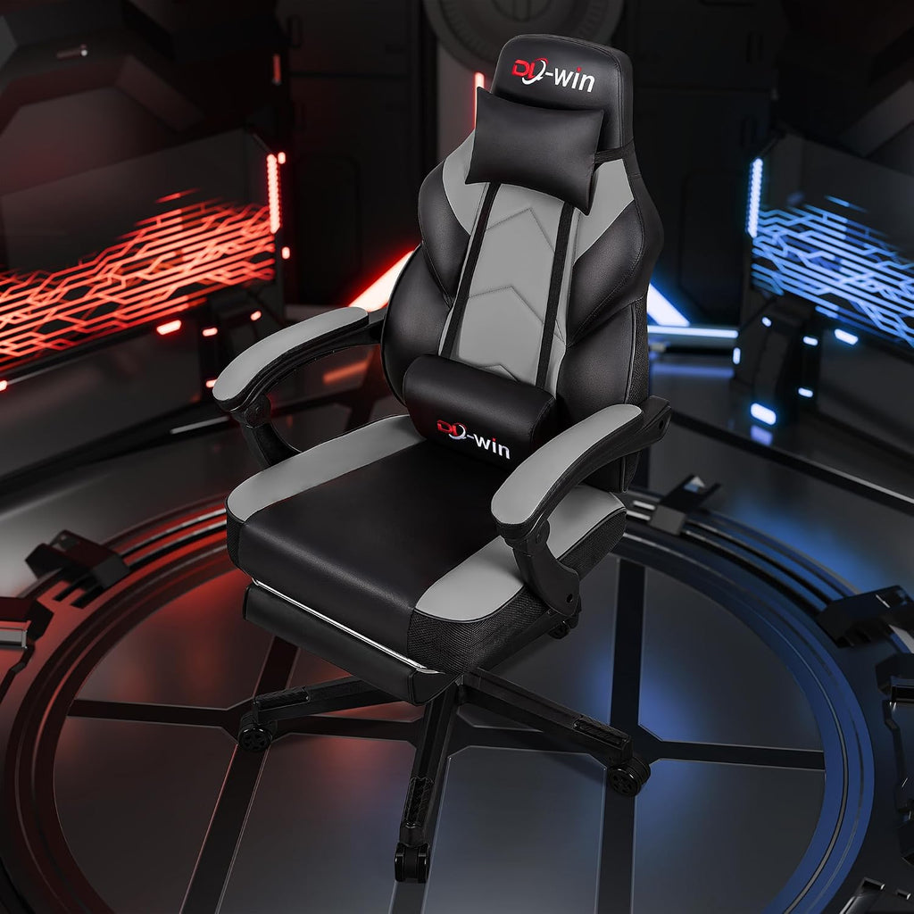 Big and Tall Gaming Chair, Footrest and Massage Lumbar Support, Grey - Image 2