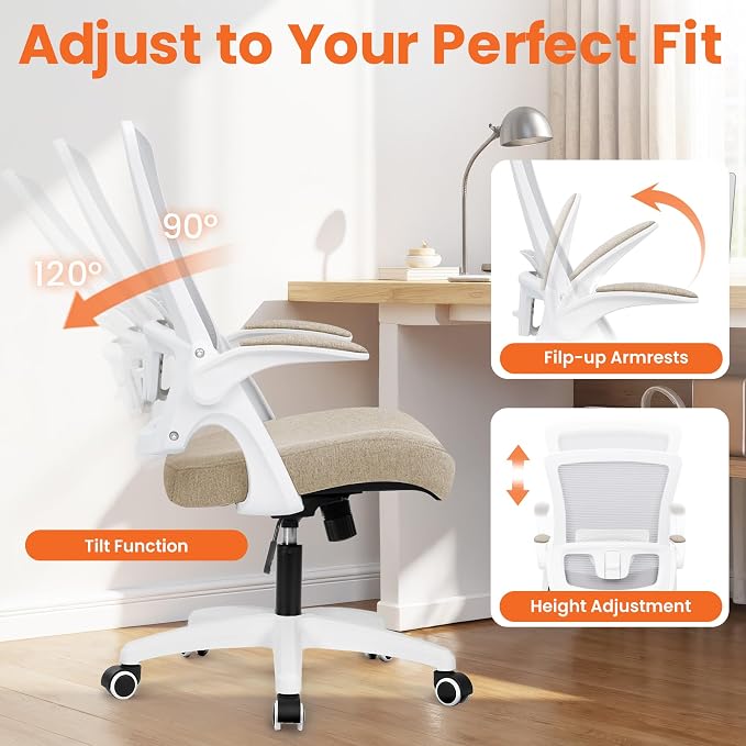 NEO CHAIR Office Desk Chair High Back Mesh Chair Adjustable Lumbar, Beige | Ergonomic High-Back Design with Breathable Mesh, Flip-Up Armrests, Comfortable Support for Home office or Computer Work - Image 6
