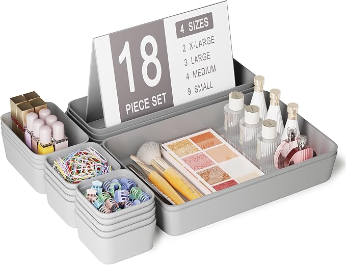 Drawer Organizers Bins 18 PCS for Bathroom Makeup Desk Office | with Non-slip Pads, 4 Sizes, Plastic Tray, Vanity Organizer, Kitchen Utensils Organizer by Homhut