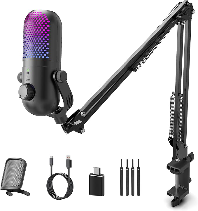 USB Microphone for PC Gaming: Gaming Equipment Condenser Microphone RGB for Gamer with Boom Arm Mic - Recording Mic for Computer & Laptop with Mute - Desk Podcast Mic for Podcast & Streaming & Youtube by Unknown