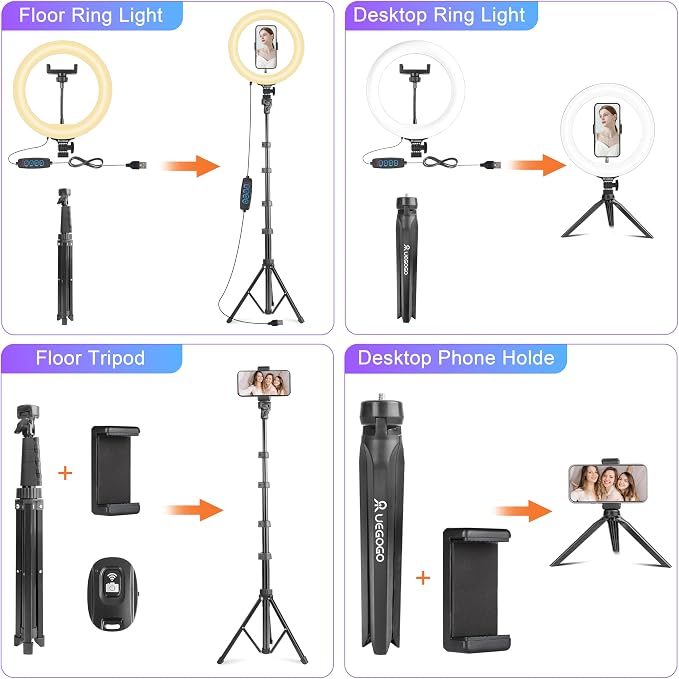 UEGOGO 10'' Ring Light with 72'' Tripod Stand & Phone Holder，38 Color Modes Dimmable LED Ringlight for Live Stream, YouTube,Makeup,TikTok - Image 5