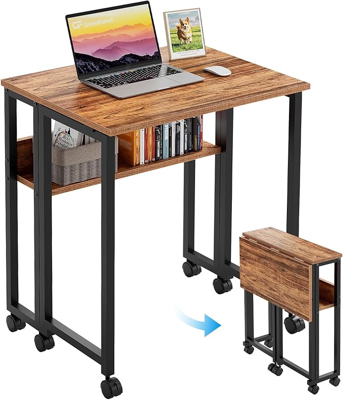 GreenForest Folding Desk with Wheels, 31.5" Rolling Table for Small Spaces | Storage Shelf, Lockable Casters, Compact Portable Workstation, Space-Saving Foldable Sofa Table, Home Office, Mobile, Walnut by GreenForest
