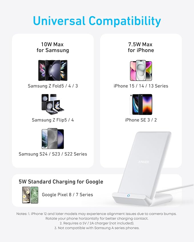 Anker 313 Qi-Certified 10W Max Wireless Charger Stand | Fast Power for iPhone 15 / 14 / 13 / 12 / 11 / X / 8, Galaxy S23 / S22, and More (Micro-USB Cable, Adapter Not Included) - Image 3