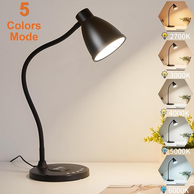 BOHON Desk Lamp for Home Office with USB C+A Charging Ports Timer Black | LED Desk Light with Wireless Charger 5 Colors Stepless Dimming Reading Light Touch Bedside Table Lamp for College Dorm Room - Image 4