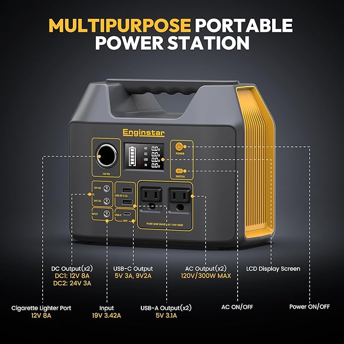 EnginStar 296Wh Portable Solar Generator, Pure Sine Wave Power Station | 110V Power Bank, 300W AC Outlet 80000mAh Lithium Battery Pack for Camping Outdoors Trip RV Hunting Vans Emergency - Image 3