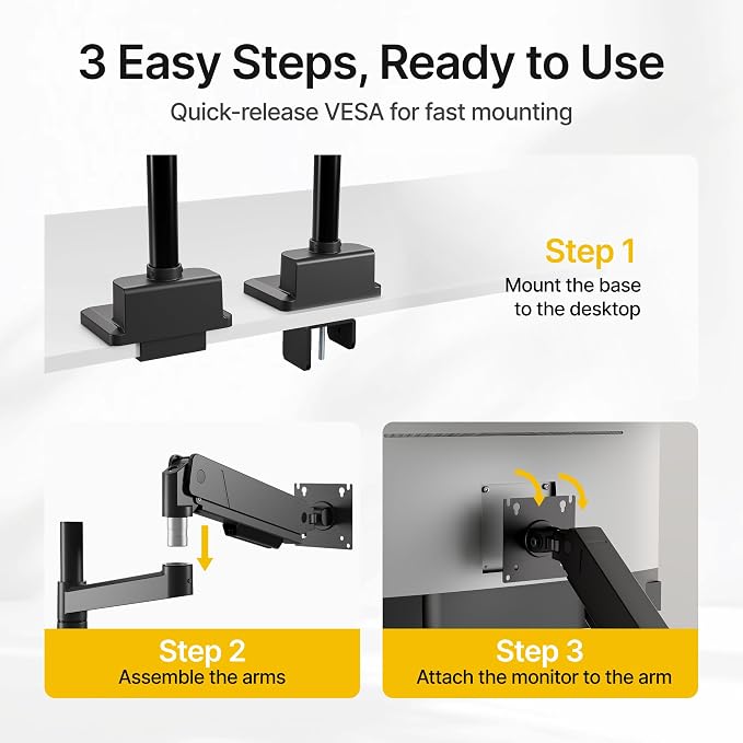 monTEK Dual Monitor Mount Tall Monitor arms for 17 to 35 Inch Screen | Adjustable Heavy Duty Monitor Desk Mount for 2 Monitors, Holds 35 Lbs, with Cable Management, VESA 75/100mm - Image 5