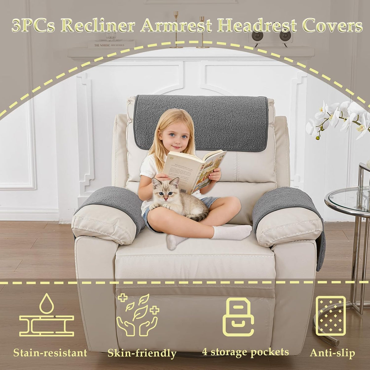 Armrest Covers for Recliner set of 3 Couch Arm Covers with Pockets for Sofa - Image 2