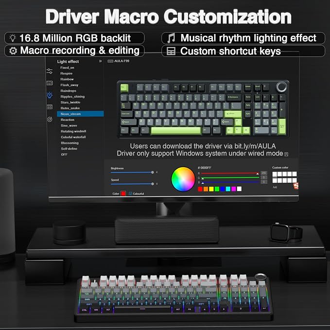 AULA F99 Pro Wireless Mechanical Keyboard with Knob,Gasket Structure,Tri-Mode BT5.0/USB-C/2.4GHz Hot Swappable Keyboard,Creamy Sound,RGB Backlit PBT Keycaps Computer Gaming Keyboards - Image 8