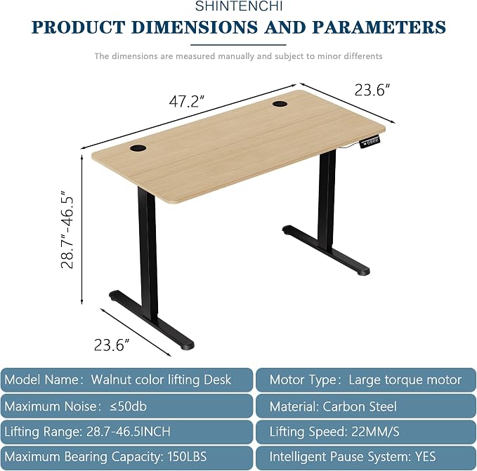 Shintenchi Standing Desk, Height Adjustable Electric Sit Stand up Desk, Ergonomic Rising Computer Table, 48x24 Inch Modern Lift Gaming Desk Workstation for Home Office, Black & Walnut - Image 3