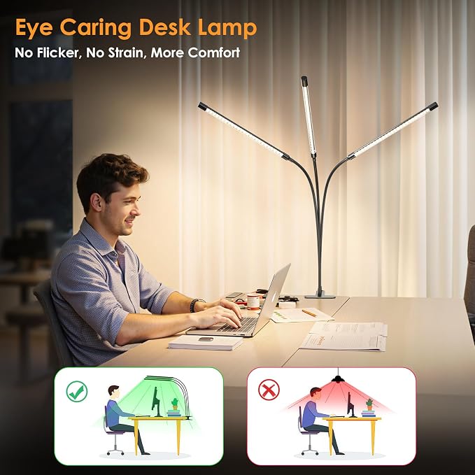 ShineTech 3-Head LED Desk Lamp with Clamp, Eye-Caring Clip on Lights | Ultra-Wide Lighting, 4 Color Modes, Stepless Brightness, Flexible Gooseneck, Memory Function & Auto-Off Time for Home Office - Image 6