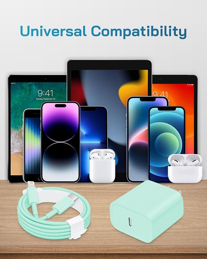20W Fast Charger for iPhone 14/13/12 [3-Pack, MFi Certified] | USB-C PD power adapter with 10Ft cable, compatible with iPhone 14/13/12/11/Pro Max/Pro/Plus/Mini, iPad & more - Green - Image 7