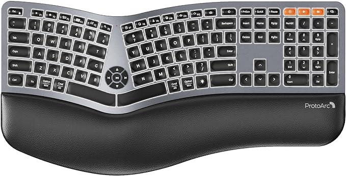 ProtoArc EK01 Plus Backlit Bluetooth Ergonomic Keyboard, Full Size, Grey | Adjustable brightness, split design, cushioned wrist rest, connect 3 devices via Bluetooth/2.4G, 2000mAh USB-C rechargeable. by ProtoArc