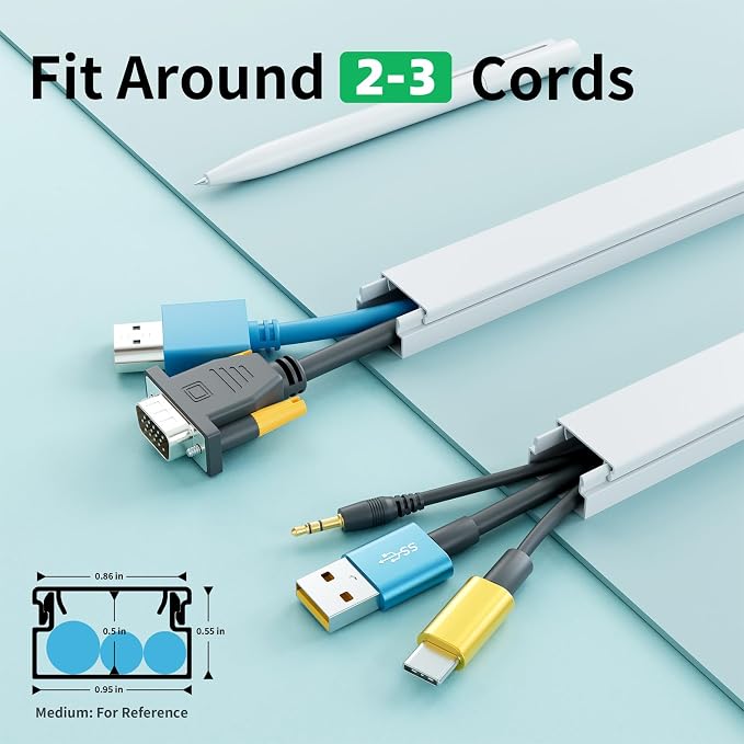 Delamu Cord Hider, 100in Self-Adhesive Cord Cover Kit for Wall Mounted TV, Paintable Wire Hider, Flexible Cable Management System, Cable Raceway Conceals 2-3 Wires, W0.95 H0.55in, White - Image 2