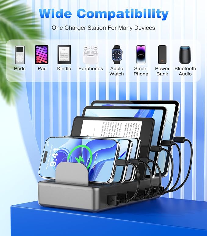 50W 6 USB Port Charging Station for Multiple Devices, Multi Charger Station | with 6 Cables, USB-A to USB-C Adapter Converter, Compatible with iPhone,iPad Kindle Tablet and Other Electronic（Space Gray) - Image 5