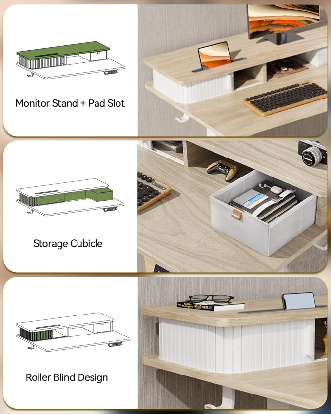 JOY worker 35" Small Electric Standing Desk with Monitor Stand & Drawer | Light Walnut 35" x 25" Height Adjustable Desk for Tight Space, Shutter Door & Shelf, Sit Stand Desk with 2 Hooks, Home Office - Image 4